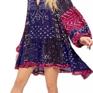 Free People Shibori Long Sleeve Tunic Dress in blue and pink